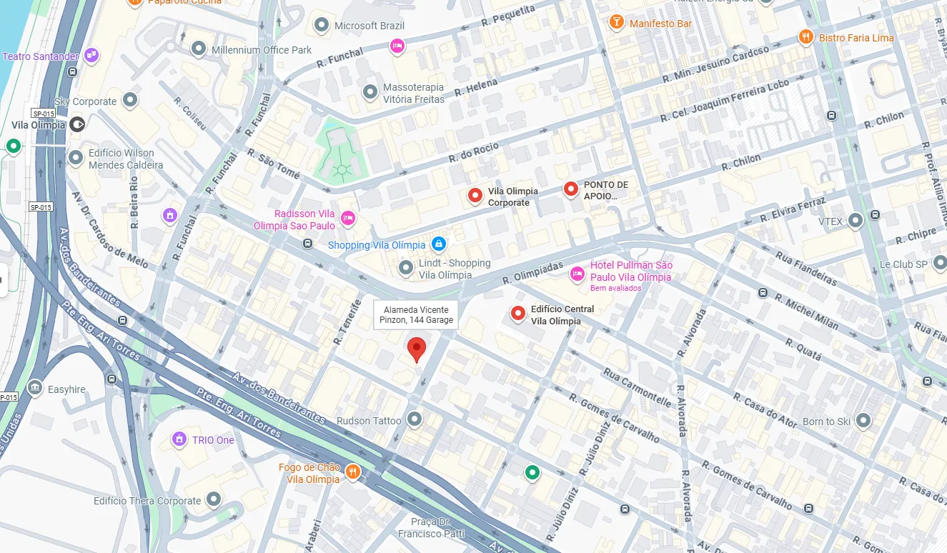 Mapa da Vila Olímpia com a localização do consultório na Alameda Vicente Pinzon, 144