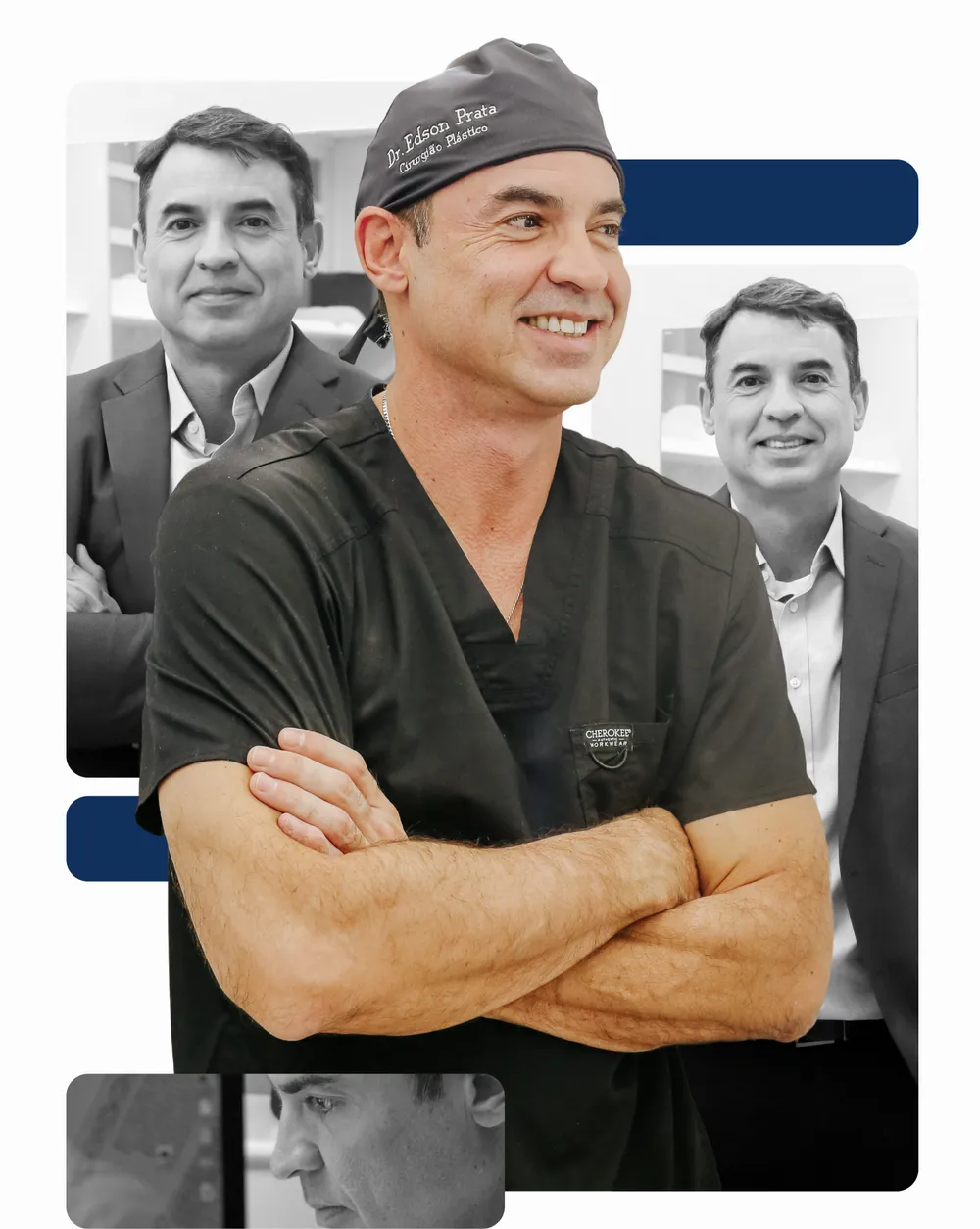 Dr. Edson Prata Jr. de braços cruzados, sorrindo, com dois colegas ao fundo e um detalhe de cirurgia